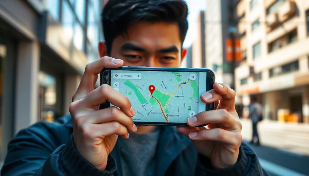 a person is setting navigation in google maps and showing to camera